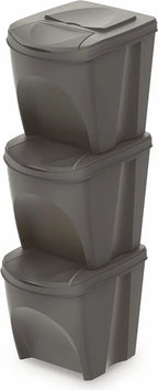  Sortibox Mülleimer Mit Deckel 3er Set - 25 L / Steingrau - Müll Trennsystem Abfall Trenner Stapelbar