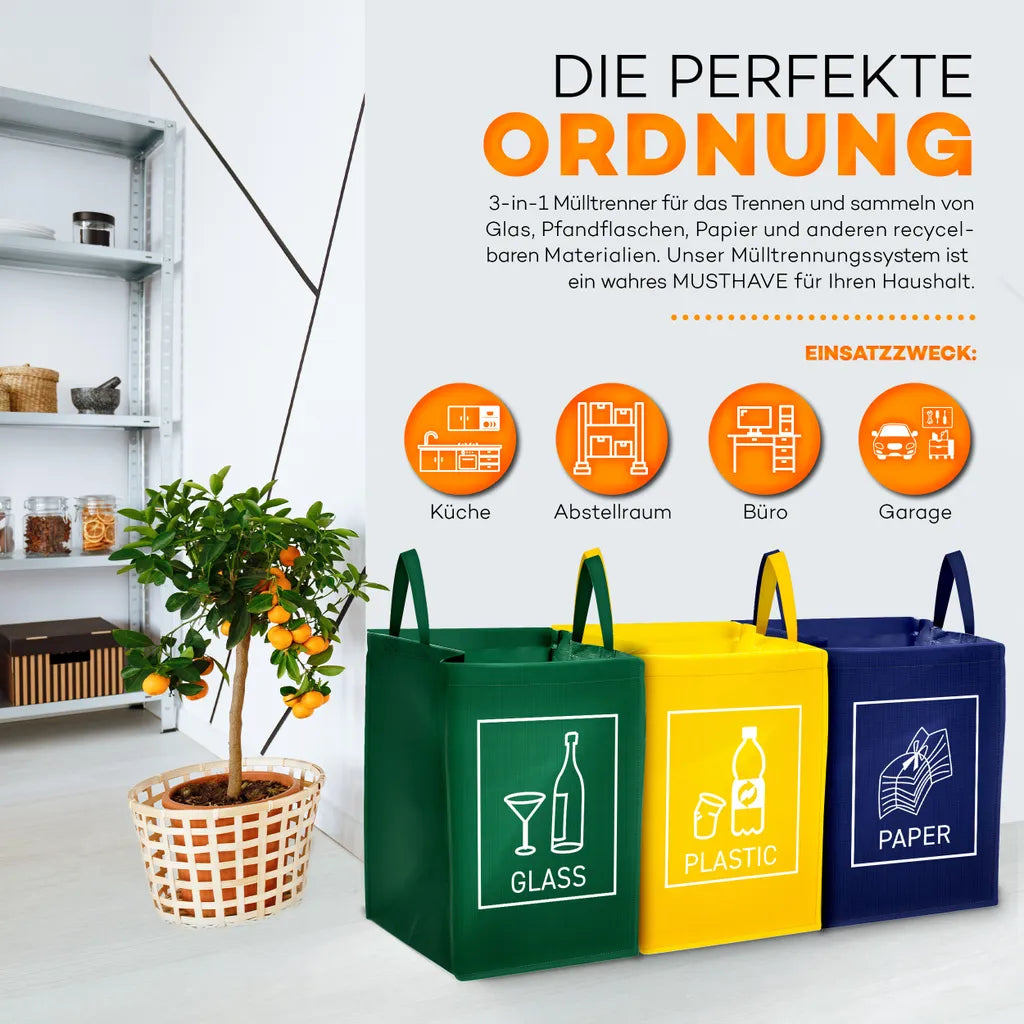  TRESKO 3er Set Recycling Englisch Müll Sortiertaschen Mülltrennsystem Mülleimer Mülltrenner Trennsystem Abfalltrennsystem