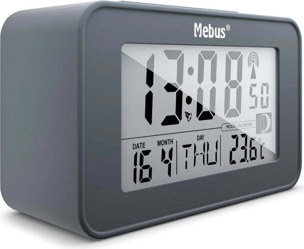  Mebus Digitaler Funkwecker Mit Mondkalender, Beleuchtung, Innenthermometer, 2 Weckzeiten, Schlummer-Funktion