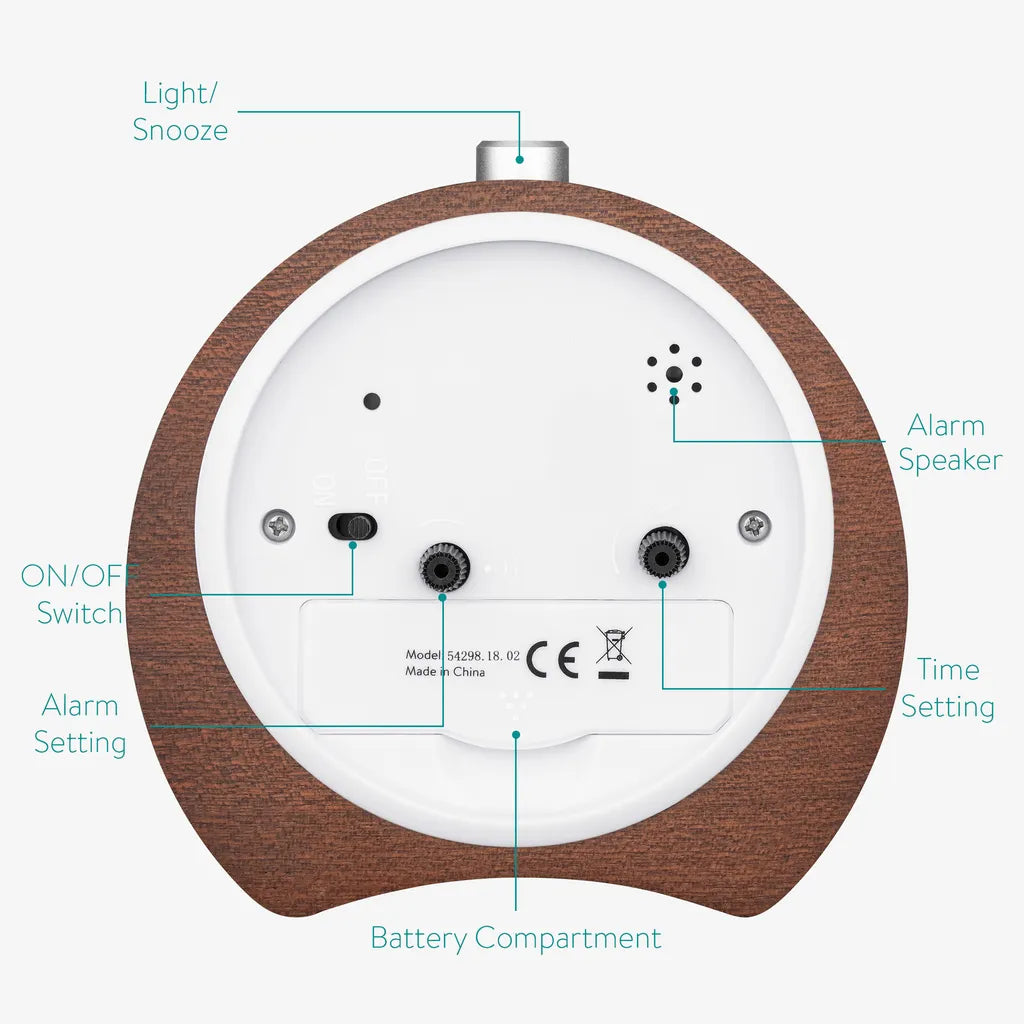  Navaris Analog Holz Wecker Mit Snooze - Retro Uhr Hufeisen Design Mit Weißem Ziffernblatt Alarm - Leise Tischuhr Ohne Ticken - Holzwecker Dunkelbraun