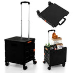  COSTWAY 55L Einkaufstrolley 80kg Belastbar, Klappbarer Einkaufswagen Mit 3-fach Verstellbarem Griff, 2 Bremsbaren Universalrädern & Erweiterbarer Obere Abdeckung, Handwagen Tragbar, Schwarz