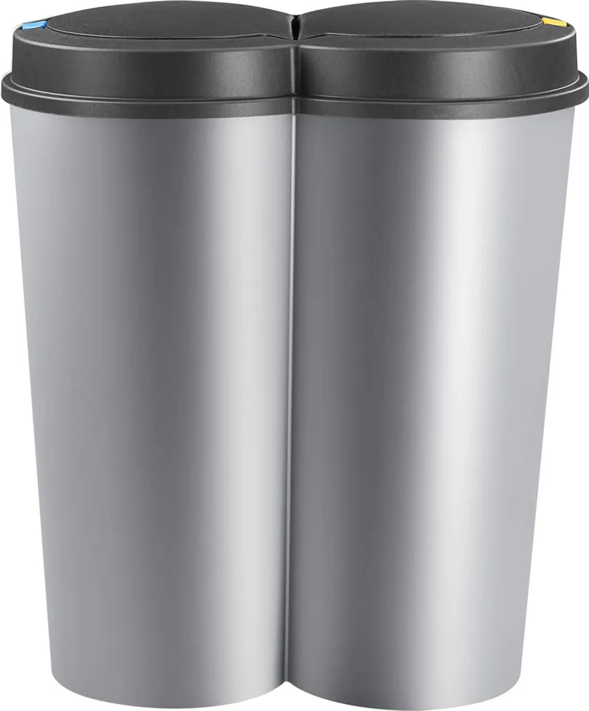  Deuba Mülleimer 50 L Duo 2fach Trennsystem 2x25L Druckknopf-Automatik Küche Abfalleimer Müllbehälter Mülltrennung Büro, Farbe:silber - Silver - Argent