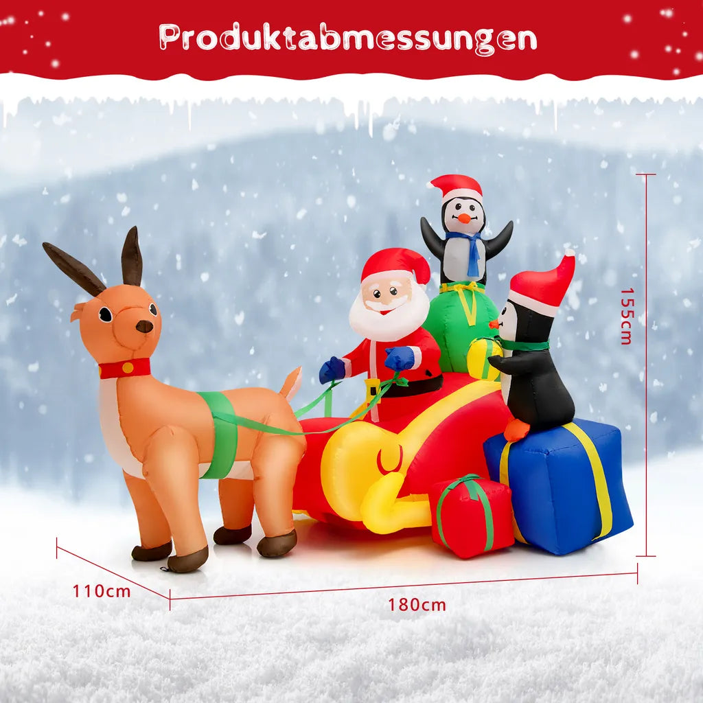  COSTWAY Aufblasbarer LED Weihnachtsmann Im Schlitten Mit 2 Pinguinen & Geschenken 180cm Lang, Weihnachtsdekoration Mit Wasserdichtem Gebläse Für Weihnachten