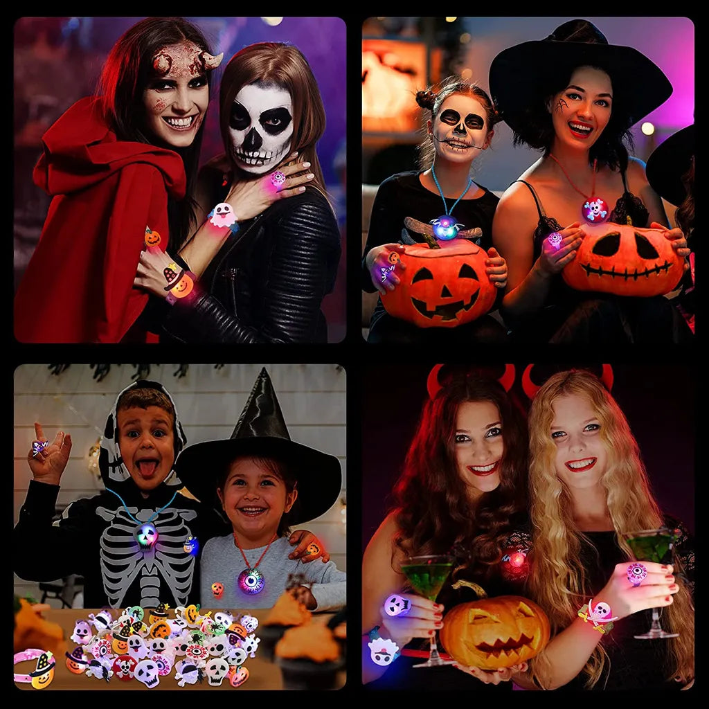  Halloween-Lichter, 24 Stück, Halloween-LED-Halsketten, Armbänder, Kürbis, Geist, Piraten, Spinne, Augapfel, Halloween, Partygeschenk, Blinkende Dekoration, Trick-Leckereien, Geschenktütenfüller Für Frauen Und Männer, Familie
