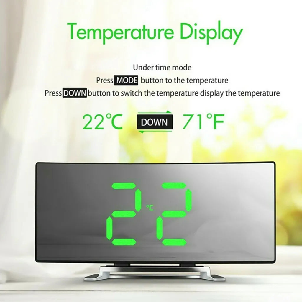  Digitaler Wecker Uhr Mit LED Gebogener Spiegel Großer , USB Stiller Wecker Mit Temperatur- Und Schlummermodus, Harz, Grün