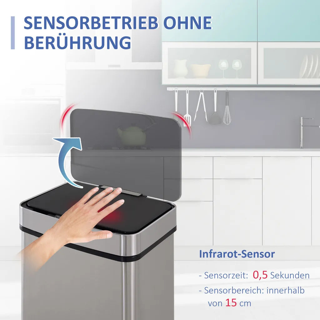  HOMCOM Mülleimer Abfalleimer Mit Sensor 72 L Mülltrennsystem 3 Fächer Edelstahl Silber 42 X 30 X 81 Cm