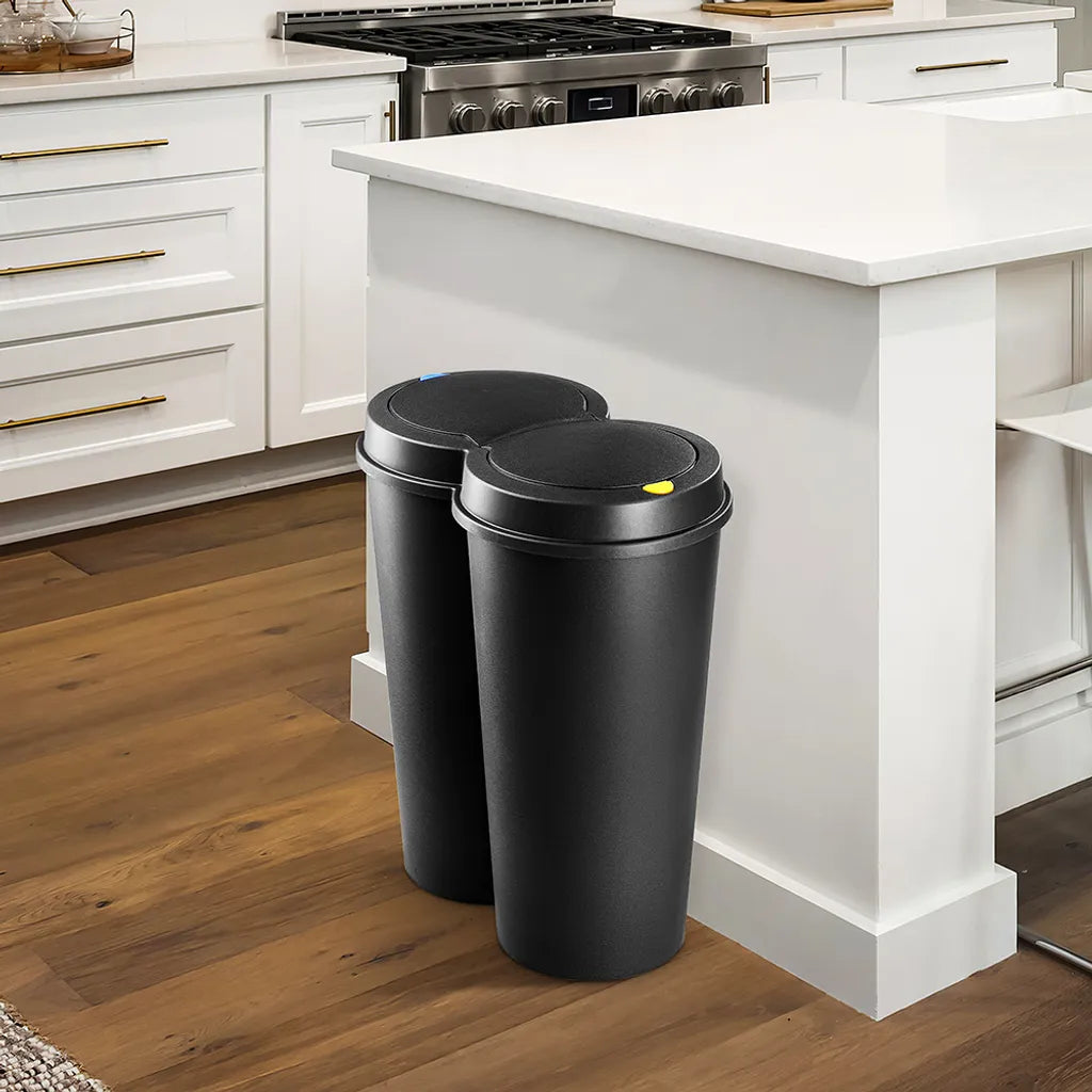 Deuba Mülleimer 50 L Duo 2fach Trennsystem 2x25L Druckknopf-Automatik Küche Abfalleimer Müllbehälter Mülltrennung Büro, Farbe:schwarz - Black - Noir