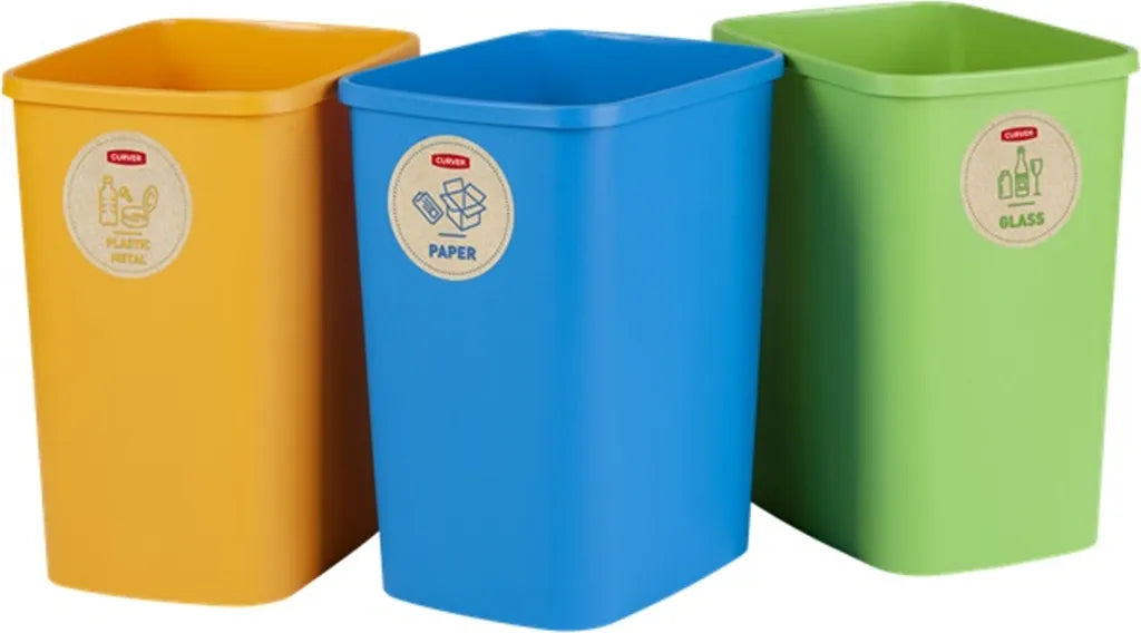  Curver Eco Friendly 3er-Set Mülltrennungssystem Mülleimer Mülltrennung Papier Glas Und Kunststoff Recycling-Eimer Aus Kunstoff (3x9L)