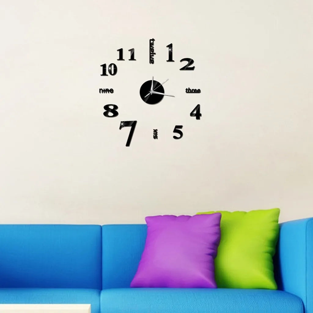  3D Spiegel Wanduhr DIY Große Frameless Sticker Silent Wanduhr (Schwarz)