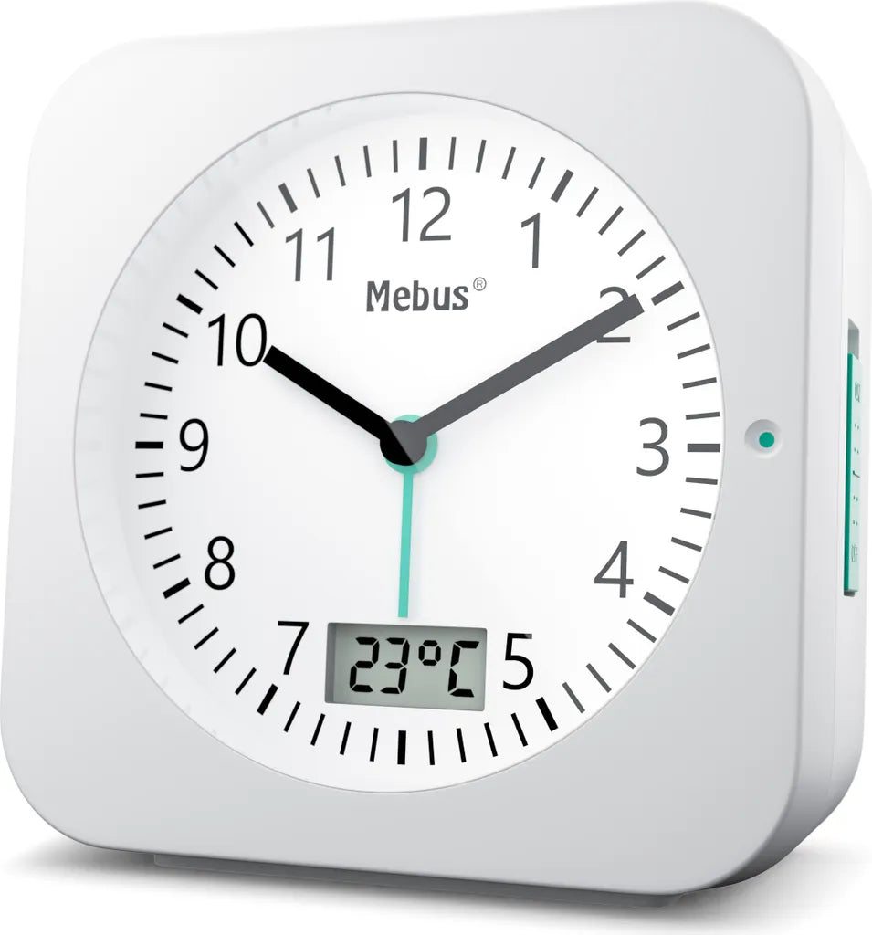  Mebus Funk-Wecker Mit Thermometer / Datumsanzeige, Schlummerfunktion, Großes Display/ Quadratisch / Hintergrundbeleuchtung / Farbe: Weiß / Modell: 25610