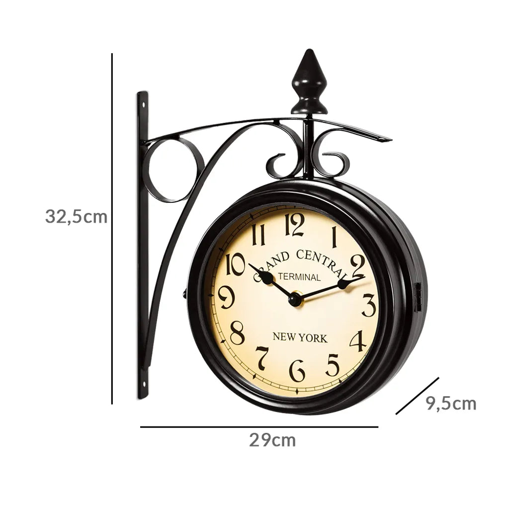  Monzana Wanduhr Vintage Quarzuhrwerke Mit Beidseitigem Ziffernblatt Doppelseitige Bahnhofsuhr Schmiedeeisern Retro-Design, Farbe:schwarz