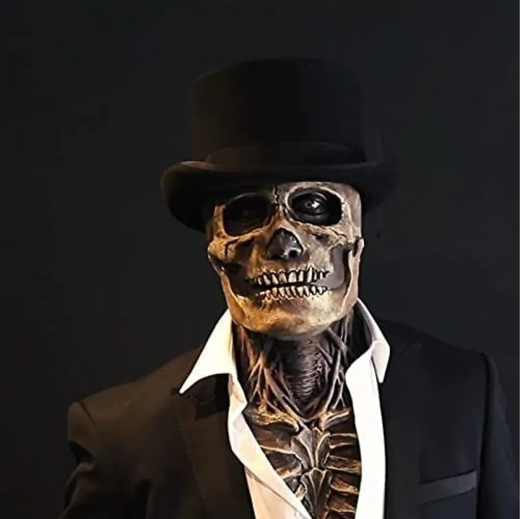  Halloween Schädelmaske Mit Zauberhut Gruselige Vollkopf Skelett Kopfbedeckung Biochemisch Realistische Latexmaske Für Erwachsene