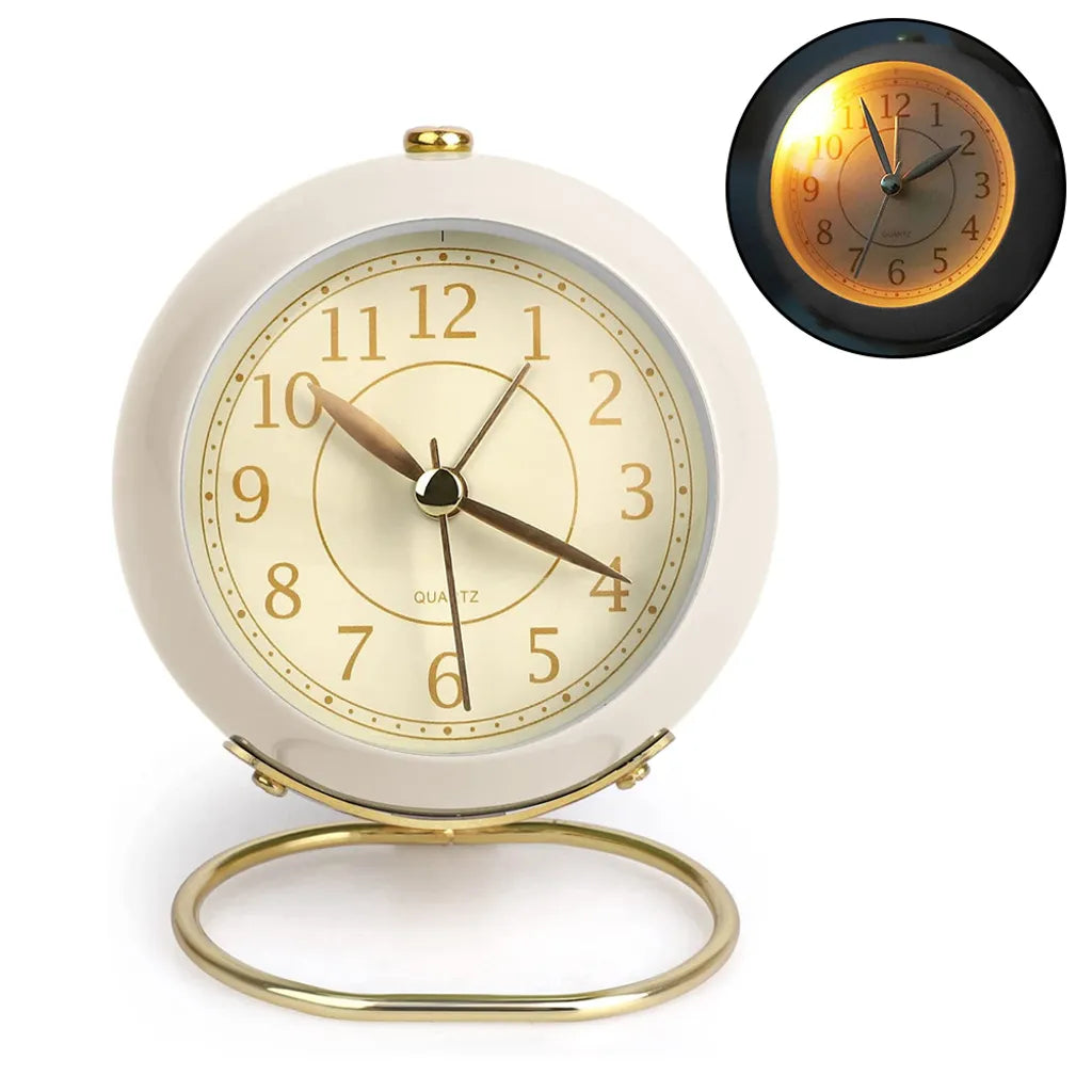  Silent Small Table Clocks, Pink Alarm Clock For Bedroom Pastel Room Office Shelf Kitchen, Cute Gold Vintage Aesthetic Decor Desk Clock, No-Ticking Battery Operated Tabletop Analog Alarm Clock,White