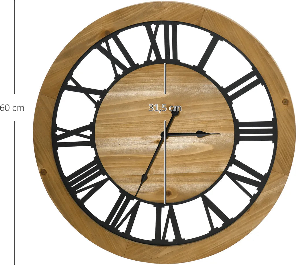  HOMCOM Wanduhr 60 Cm Mit Römischen Ziffern, Uhrwerk Im Vintage-Design, Geräuschlose Dekoration Für Wohnzimmer Küche Metall Tannenholz Schwarz+Natur