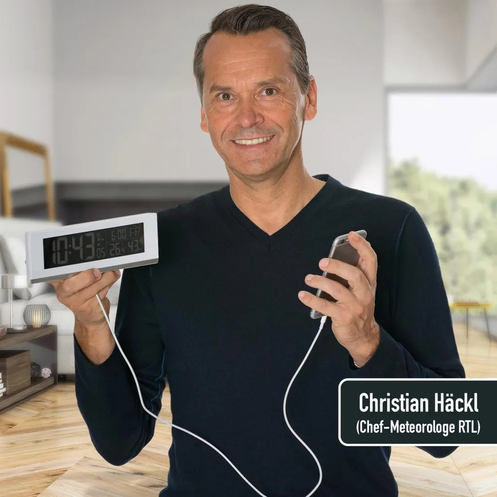  Fackelmann Digitale Funkuhr Mit Wecker Tecno, Digitaluhr Mit Temperaturanzeige, Funkwecker Mit USB-Anschluss, Hochwertiger Digitalwecker, Uhr Mit Thermo-Hygrometer (Farbe: Weiß)
