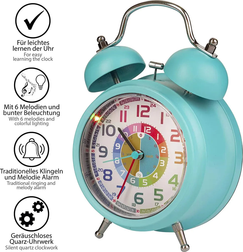  ONVAYA® Kinderwecker Analog | Türkis | Lernuhr Für Kinder | Retro Wecker Ohne Ticken | Lernwecker Mit Licht & Musik | Quarzwecker | Glockenwecker | Kinderuhr Spielzeug Für Jungen & Mädchen