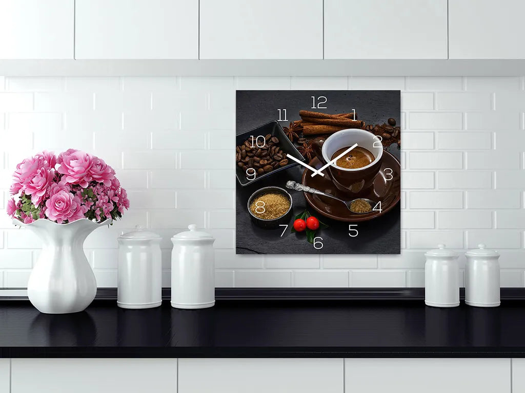  Wanduhr Glas 30x30cm Kaffee Braun Glasuhr Uhr Glasbild Küche Deko Coffee Cafe