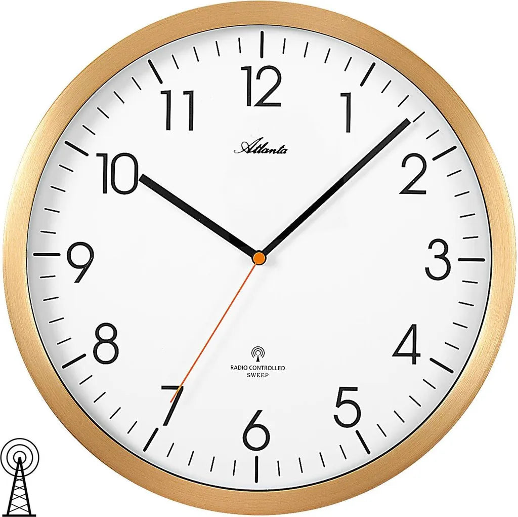  Atlanta 4382/9 Wanduhr Funk Funkwanduhr Analog Golden Rund Leise Ohne Ticken