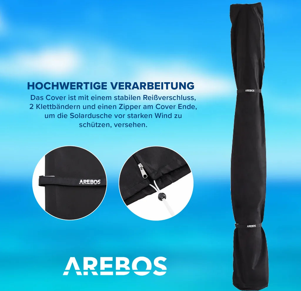  AREBOS Solardusche 40 Liter, Inklusive Abdeckhaube, Mit Integriertem Thermometer, Mit Fußdusche, Mit Gartenschlauch-Anschluss, Silber-Schwarz