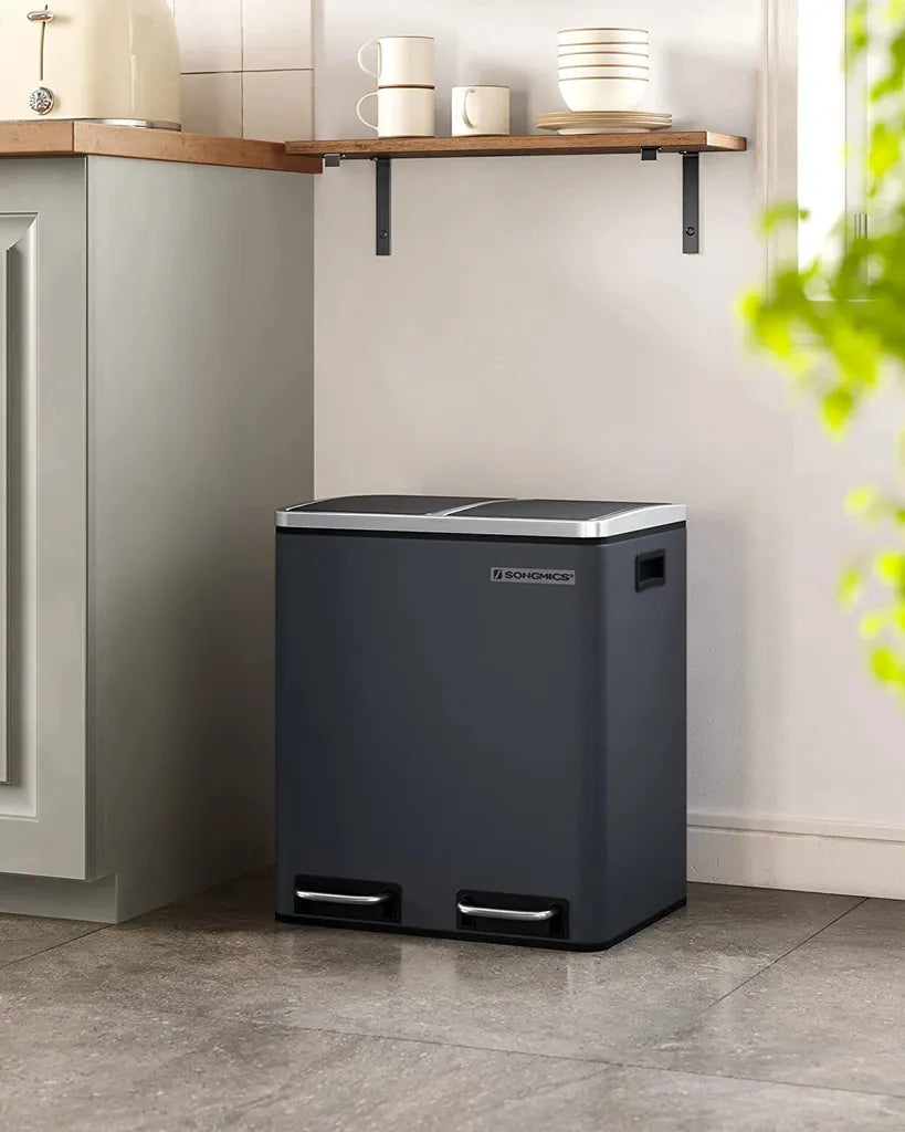  SONGMICS Mülleimer Treteimer Mit 2 Fächern 30 L Aus Metall 2 X 15 Liter Abfalleimer Mit Softclose Inneneimern Und Griffen Luftdicht Rauchgrau LTB30GS
