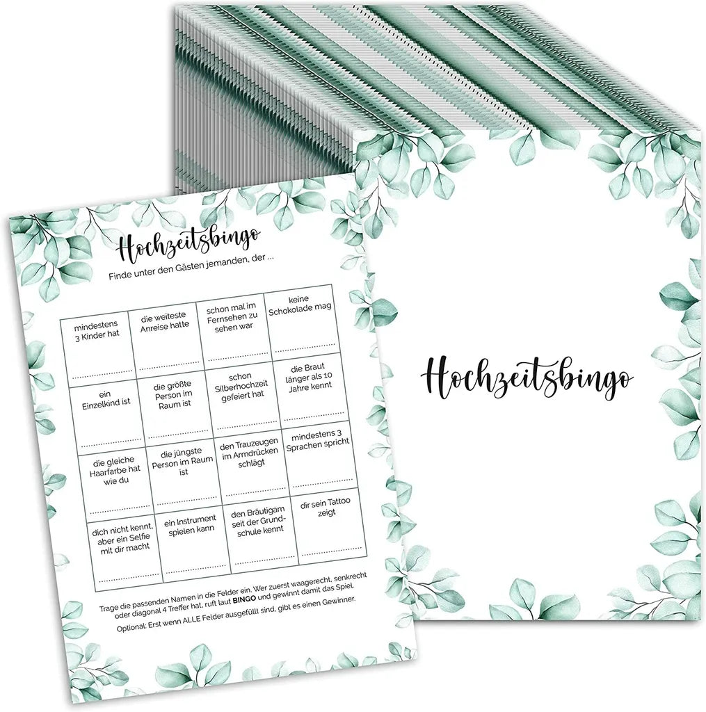  Hochzeitsbingo Karten Mit Je 16 Aufgaben - Lustiges Hochzeitsspiel Für Gäste Zum Kennenlernen (Eukalyptus, 50x Stück)