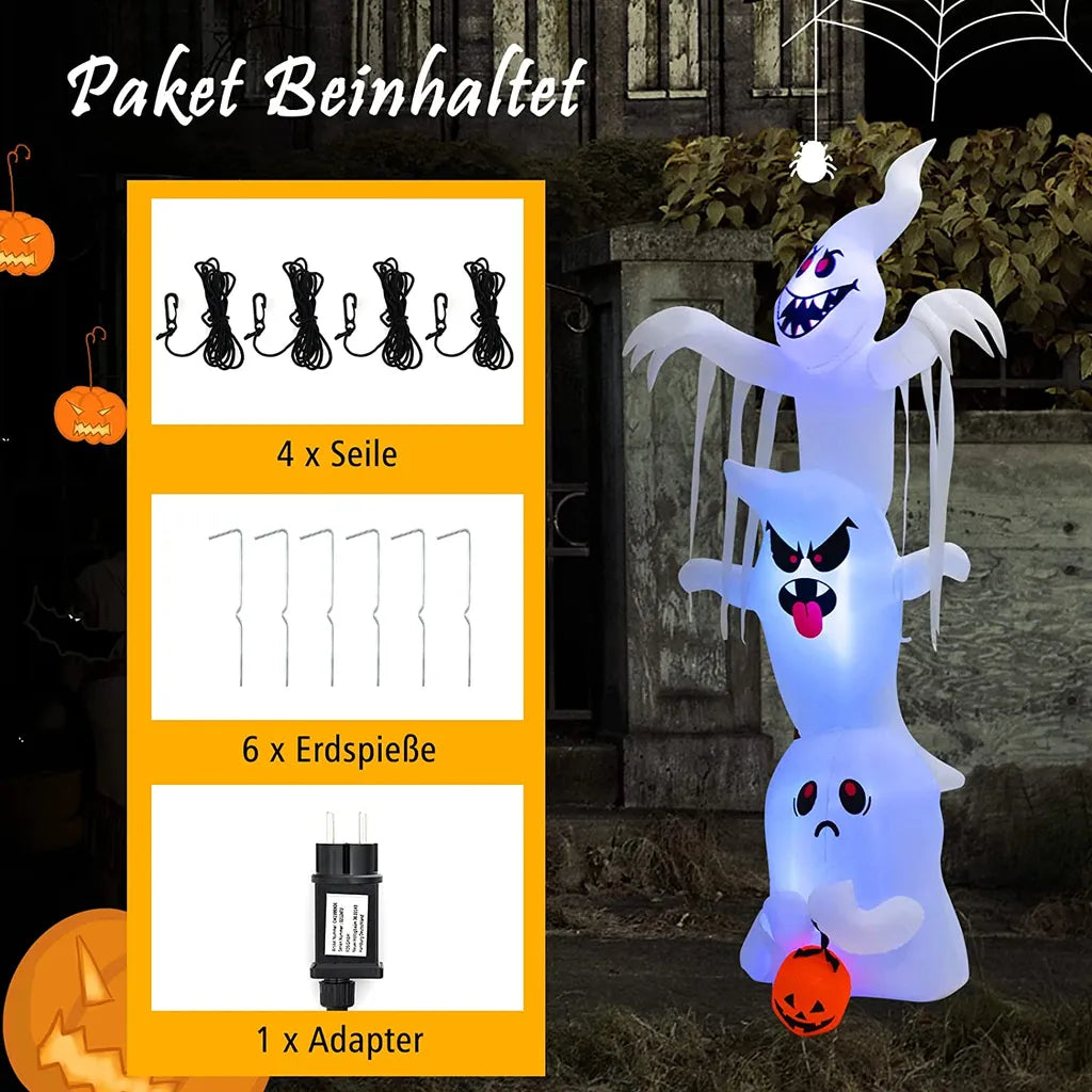  COSTWAY Gestapelte Geister Mit Bunten Lichtern Aufblasbar 310cm Lang, Riesige Gespenst Mit Kürbis, Halloween-Dekoration Für Halloweenparty, Hof & Outdoor