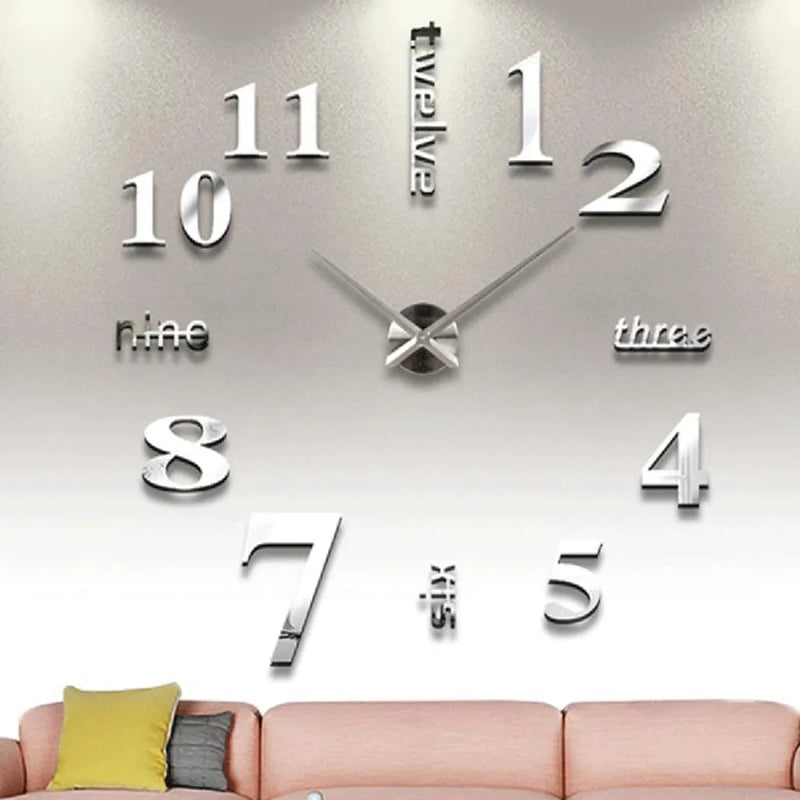  Moderne Mute DIY Große Wanduhr 3D Aufkleber Home Office Decor Geschenk (Silber)