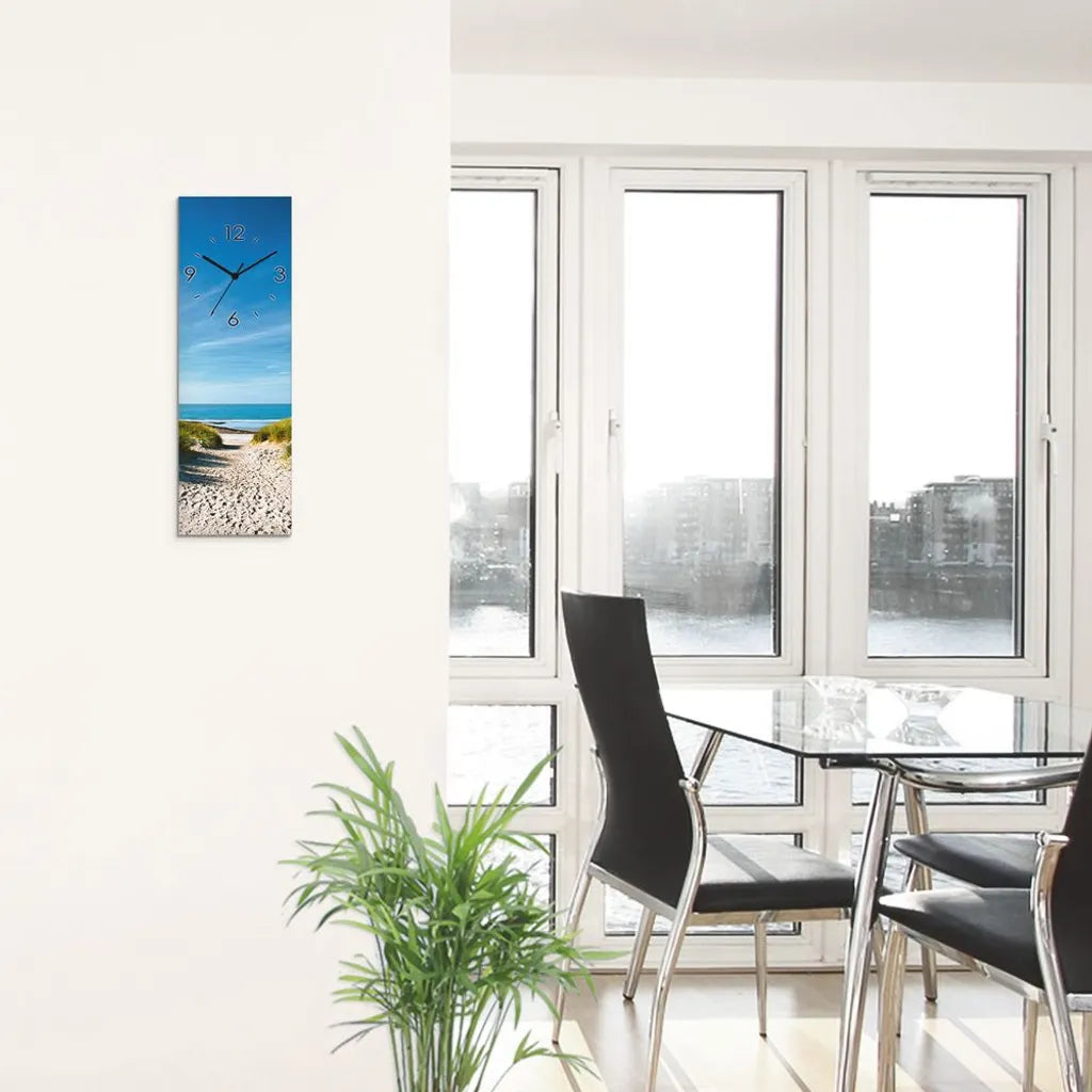  ARTland Glas Wanduhr Funkuhr - Schwarzer Zeiger Strand Mit Sanddünen Und Weg Zur See Größe: 20x60 Cm