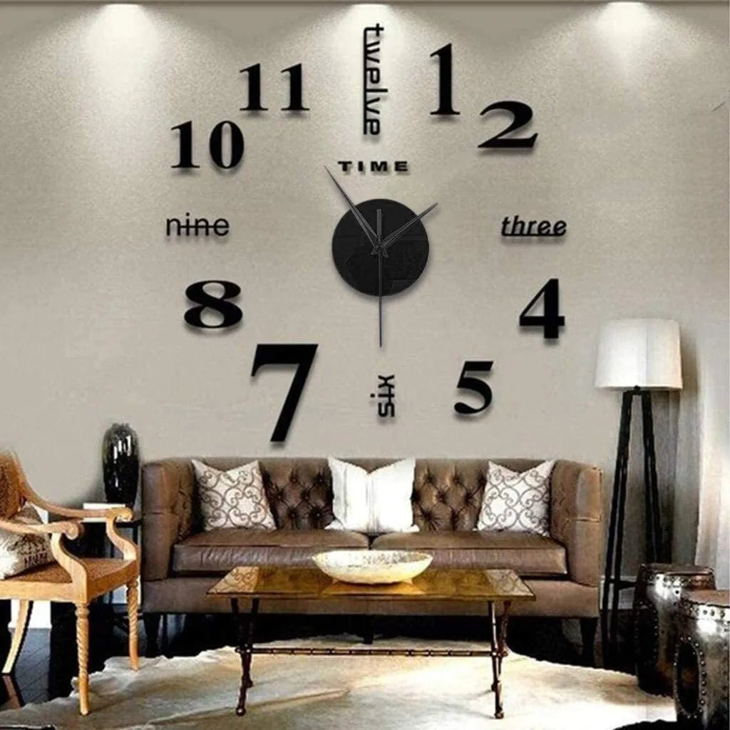  3D Spiegel Wanduhr DIY Große Frameless Sticker Silent Wanduhr (Schwarz)