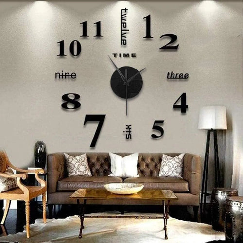  3D Spiegel Wanduhr DIY Große Frameless Sticker Silent Wanduhr (Schwarz)