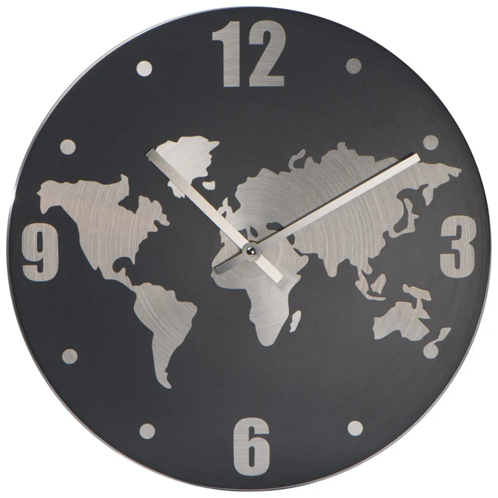  Wanduhr Aus Aluminium Mit Weltkarte Im Hintergrund