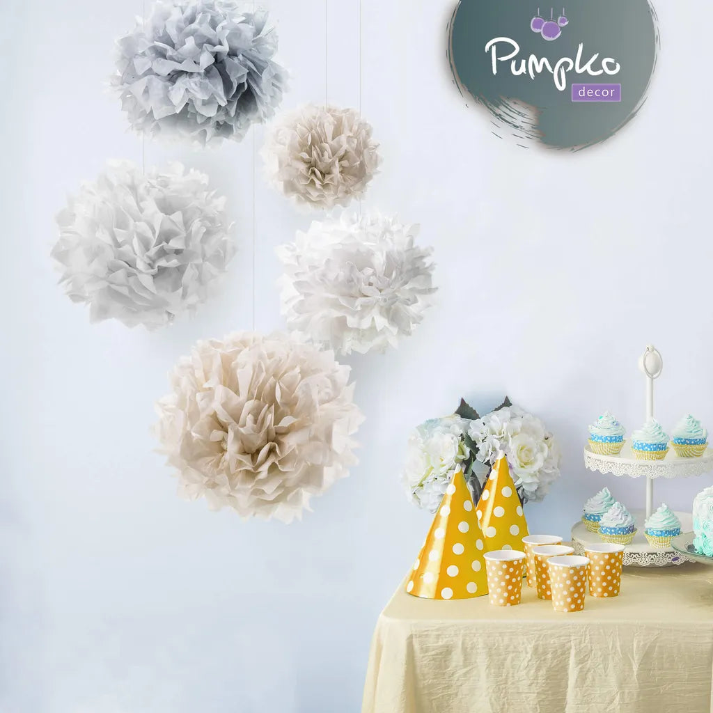 Pumpko® Decor 10 Seidenpapier Pompons | Champagner Hellgrau Weiß Deko Für Party Hochzeit |Ponpon