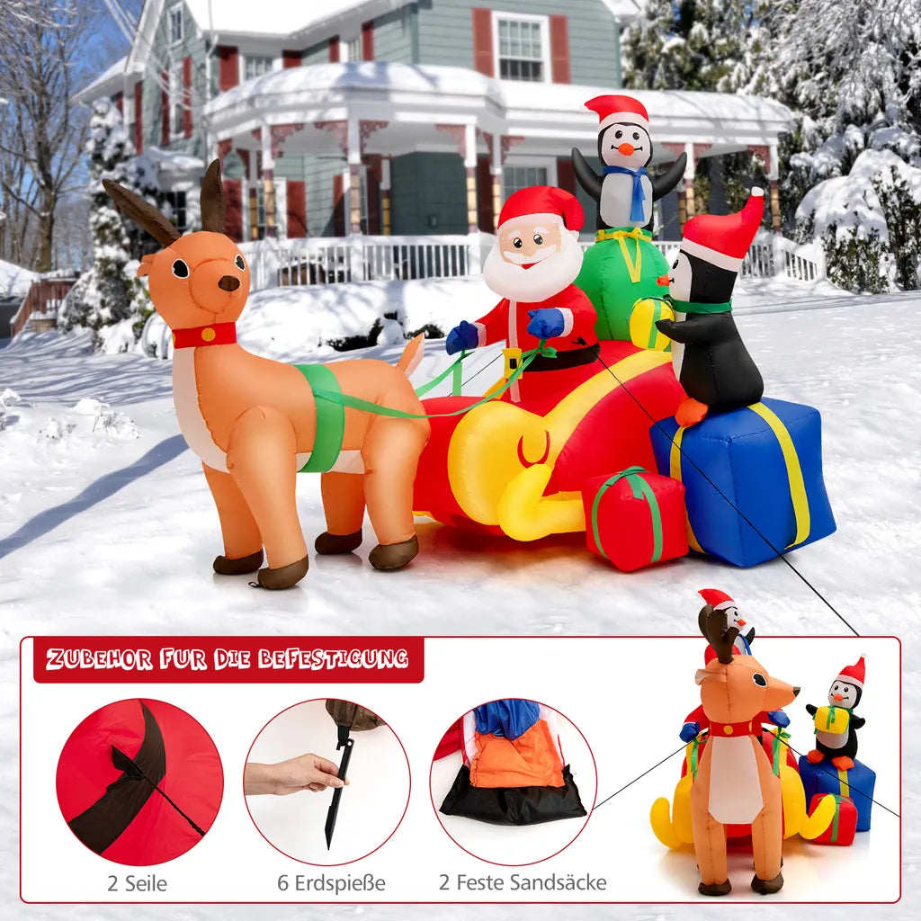  COSTWAY Aufblasbarer LED Weihnachtsmann Im Schlitten Mit 2 Pinguinen & Geschenken 180cm Lang, Weihnachtsdekoration Mit Wasserdichtem Gebläse Für Weihnachten