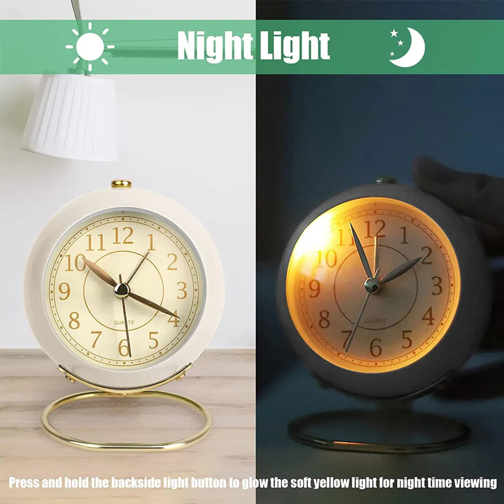  Silent Small Table Clocks, Pink Alarm Clock For Bedroom Pastel Room Office Shelf Kitchen, Cute Gold Vintage Aesthetic Decor Desk Clock, No-Ticking Battery Operated Tabletop Analog Alarm Clock,White