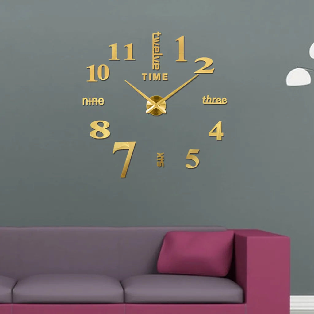  47“ 3D Spiegel Wanduhr Kleben Große Wall Clock Rahmenlose DIY Wanduhr Wandtattoo Wanduhr 120*120cm (Gold)