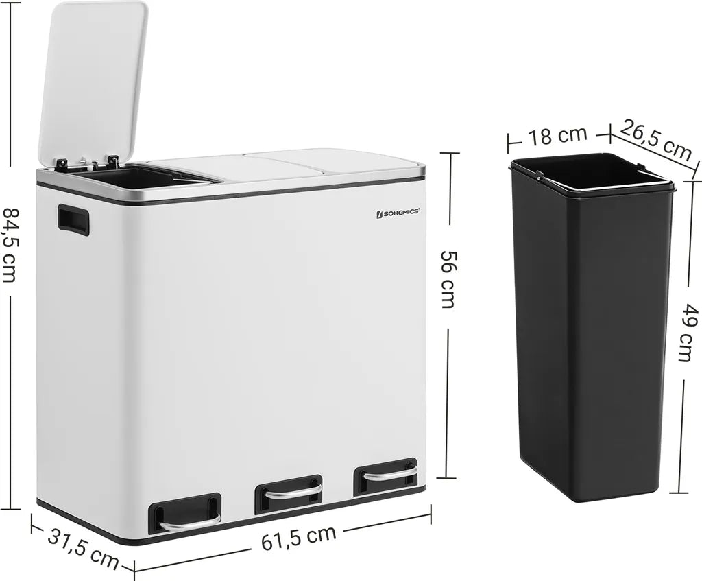  SONGMICS Mülleimer 54L Treteimer Mit 3 Fächern 3 X 18L Abfalleimer Softclose Mülltrennsystem Mit Fußpedalen Weiß LTB54WT