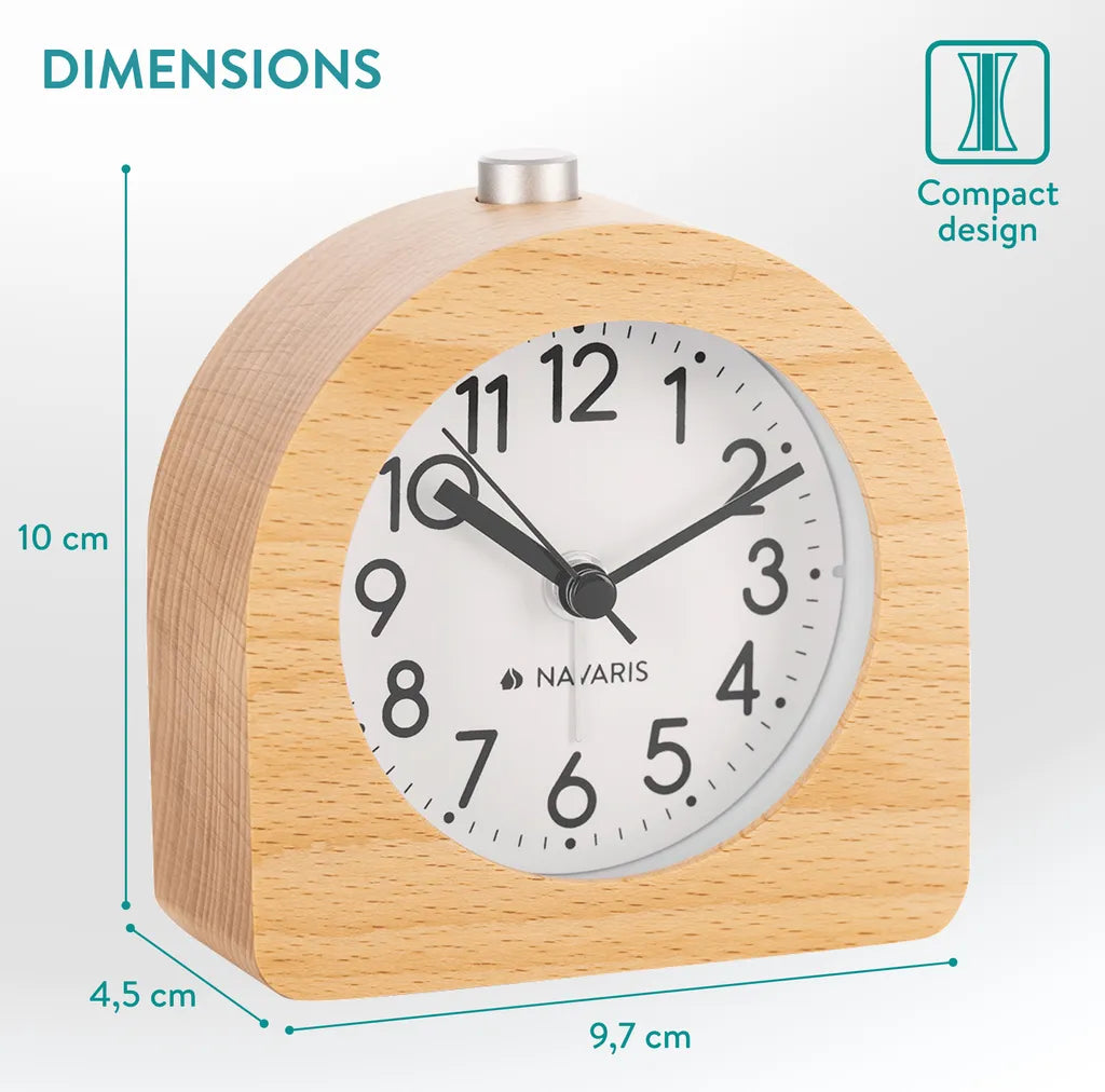  Navaris Holz Analog Wecker - Batteriebetrieben, Lautlos Ohne Ticken Mit Snooze Schlummerfunktion Und Licht - Retro Design - Naturholz In Hellbraun
