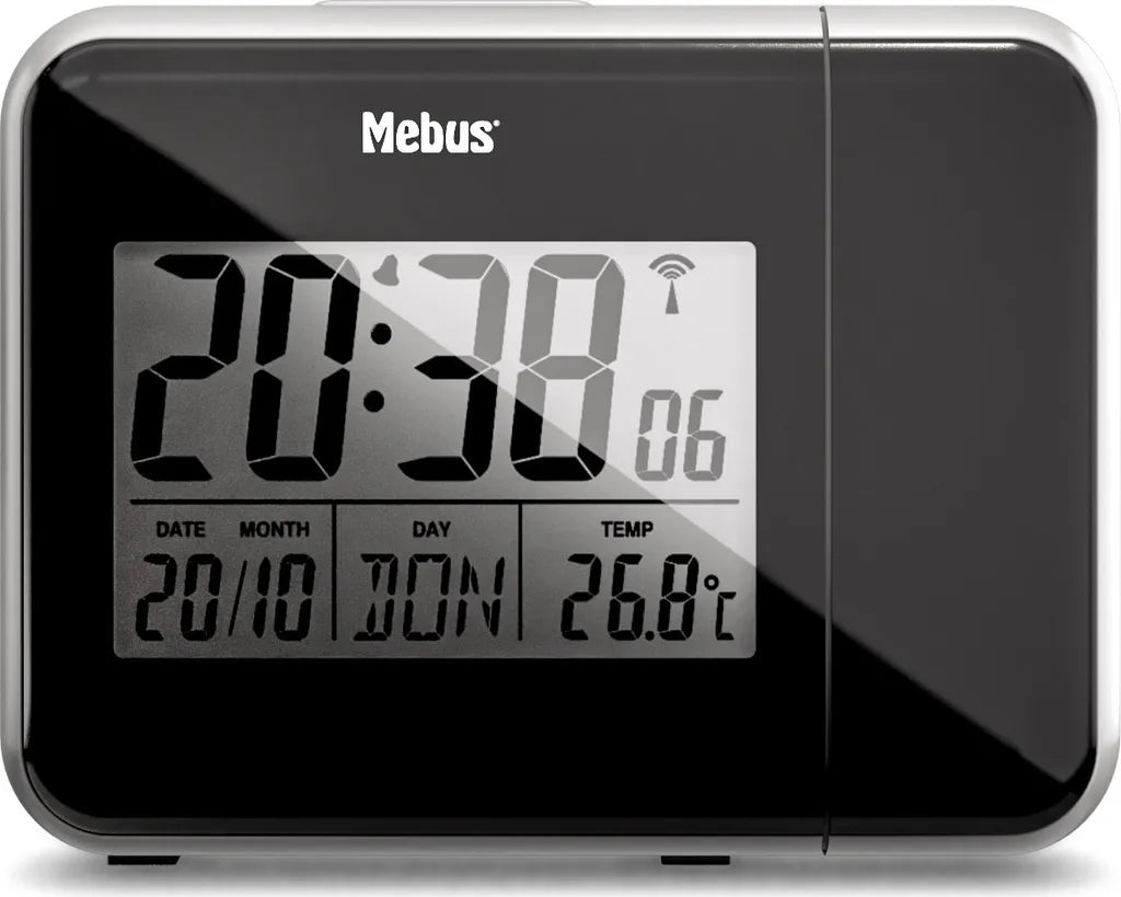  Mebus Funk-Wecker Mit Projektion Und Thermometer / Funkuhrwerk – Stellt Sich Vollautomatisch Ein / Schwenkbarer Projektor / Farbe: Schwarz / Modell: 42425