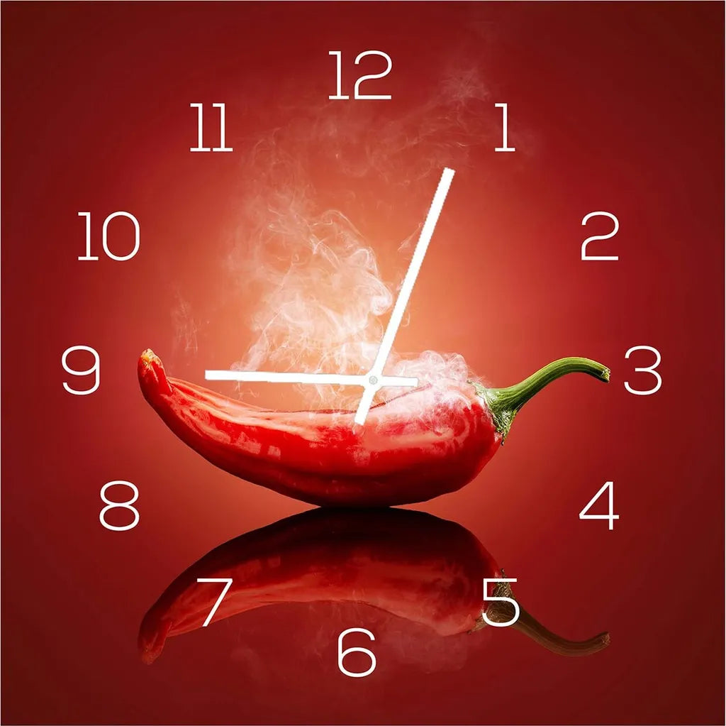  Wanduhr Aus Glas 30x30cm Uhr Als Glasbild Küche Chili Peperoni Deko