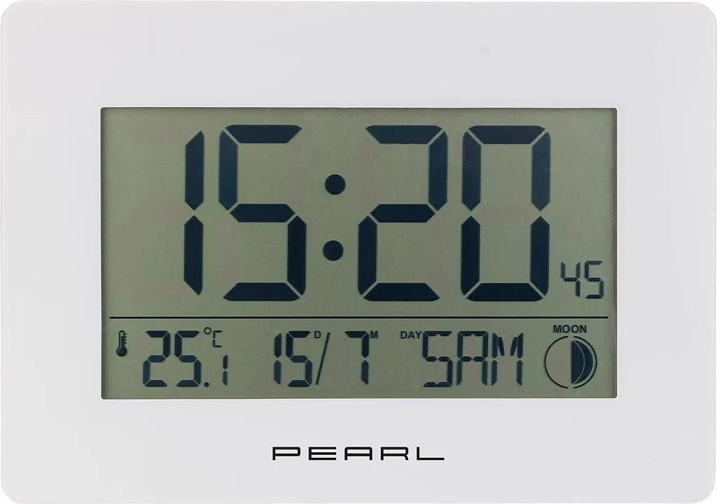 Pearl Digitale Funk-Wanduhr Mit DCF-Funkempfang: Jumbo-Uhrzeit Temperaturanzeige Wecker Mondphase & Datums-Anzeige Weiß Wanduhr Groß