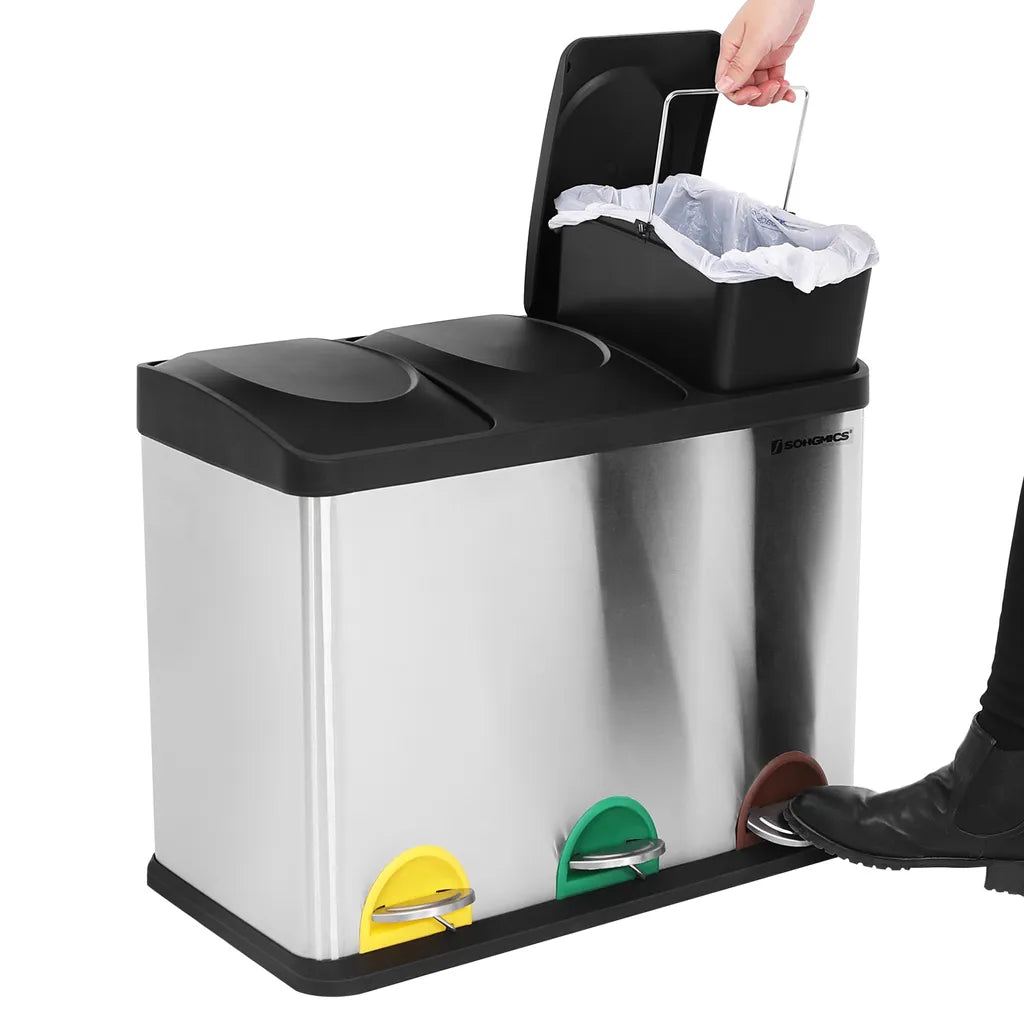  SONGMICS Mülleimer Abfalleimer Treteimer Mit Fußpedal Handgriffen Und 3 Inneneimern Aus Kunststoff Edelstahl LTB45L