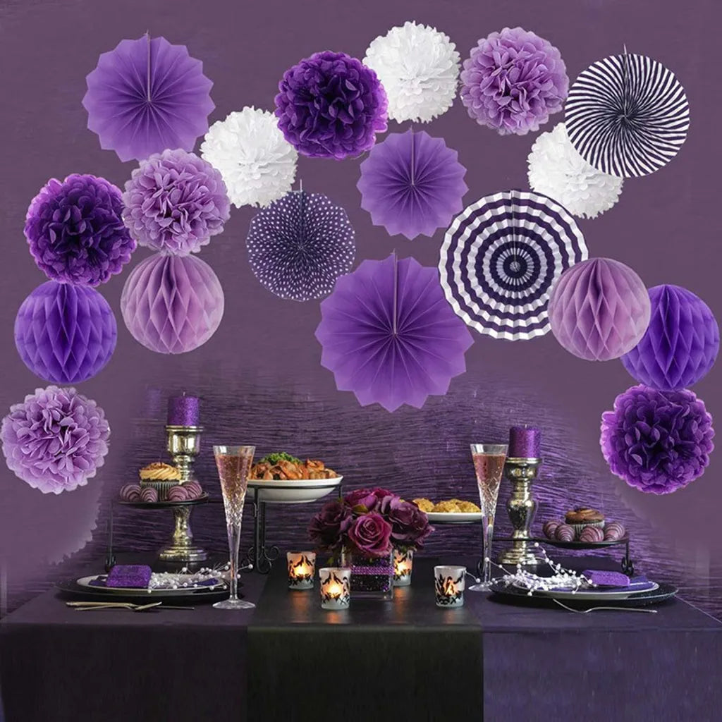  19 Stk/Set Lila Seidenpapier Pompons + Papierfächer + Wabenbälle Hochzeit Geburtstag Party Deko Papier Blumen Puscheln