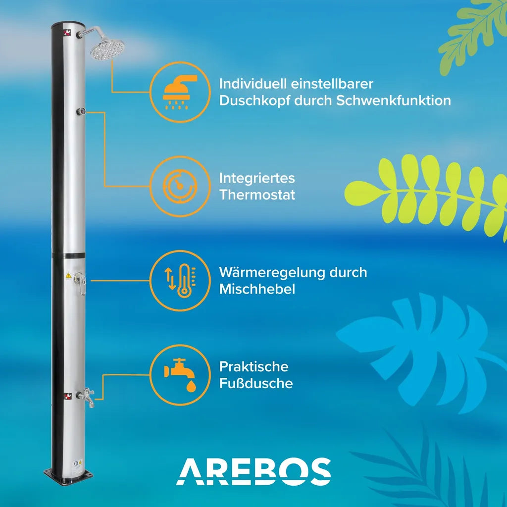  AREBOS Solardusche 40 Liter, Inklusive Abdeckhaube, Mit Integriertem Thermometer, Mit Fußdusche, Mit Gartenschlauch-Anschluss, Silber-Schwarz