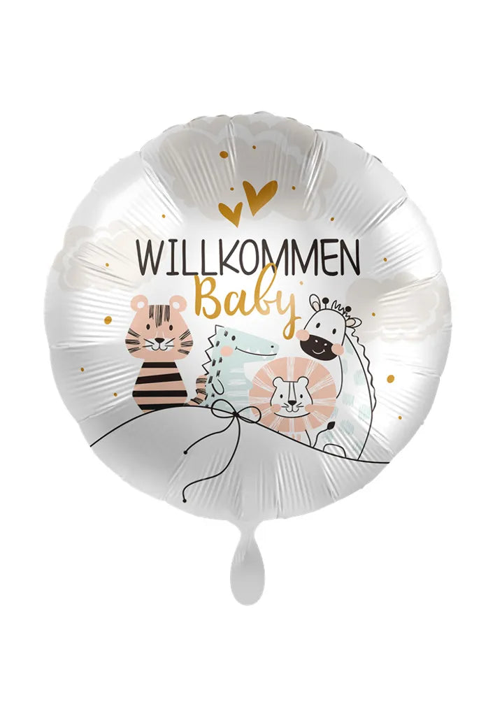  1 Folienballon Geburt Willkommen Baby Tiere Weiß Bunt Satin 45 Cm Ungefüllt Ballongas Geeignet
