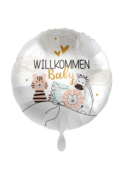  1 Folienballon Geburt Willkommen Baby Tiere Weiß Bunt Satin 45 Cm Ungefüllt Ballongas Geeignet