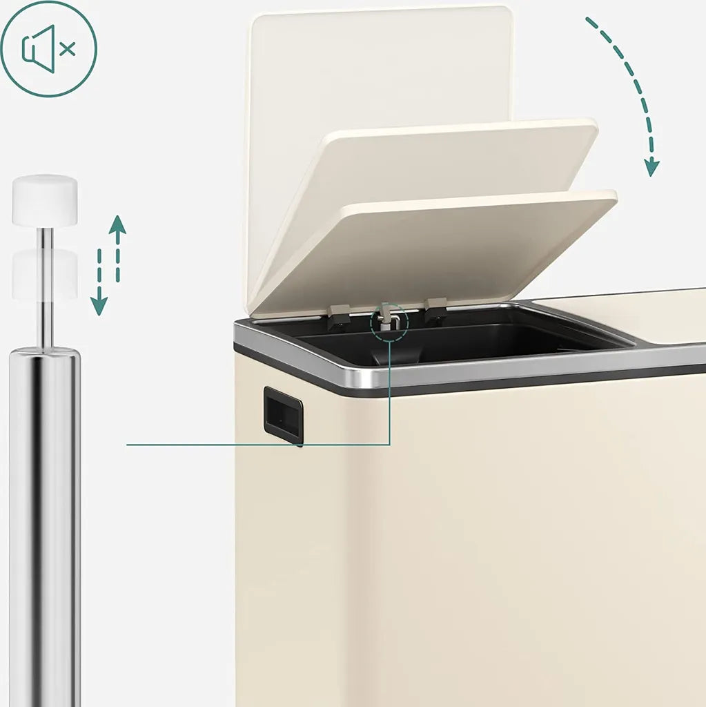  SONGMICS Mülleimer, 2 X 30 L, 2 Fächer, Mülltrennsystem, Treteimer, Abfalleimer Küche, 15 Müllsäcke, Aus Metall, Inneneimer Aus Kunststoff, Klappdeckel, Softclose, Luftdicht, Cremeweiß LTB060A01