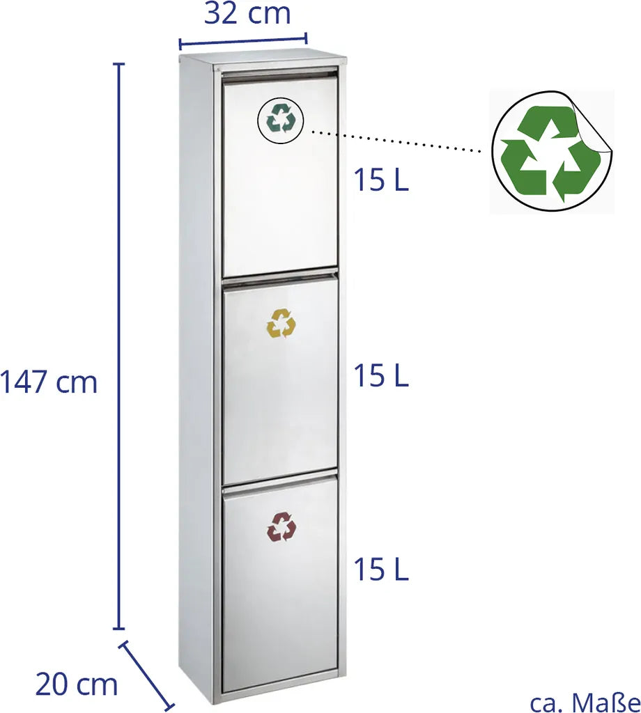  SVITA V3X15 Mülleimer 45 Liter 3x15L Standeimer Edelstahl Mülltrennung Silber Papierkorb Wand-Halterung Aufbewahrung