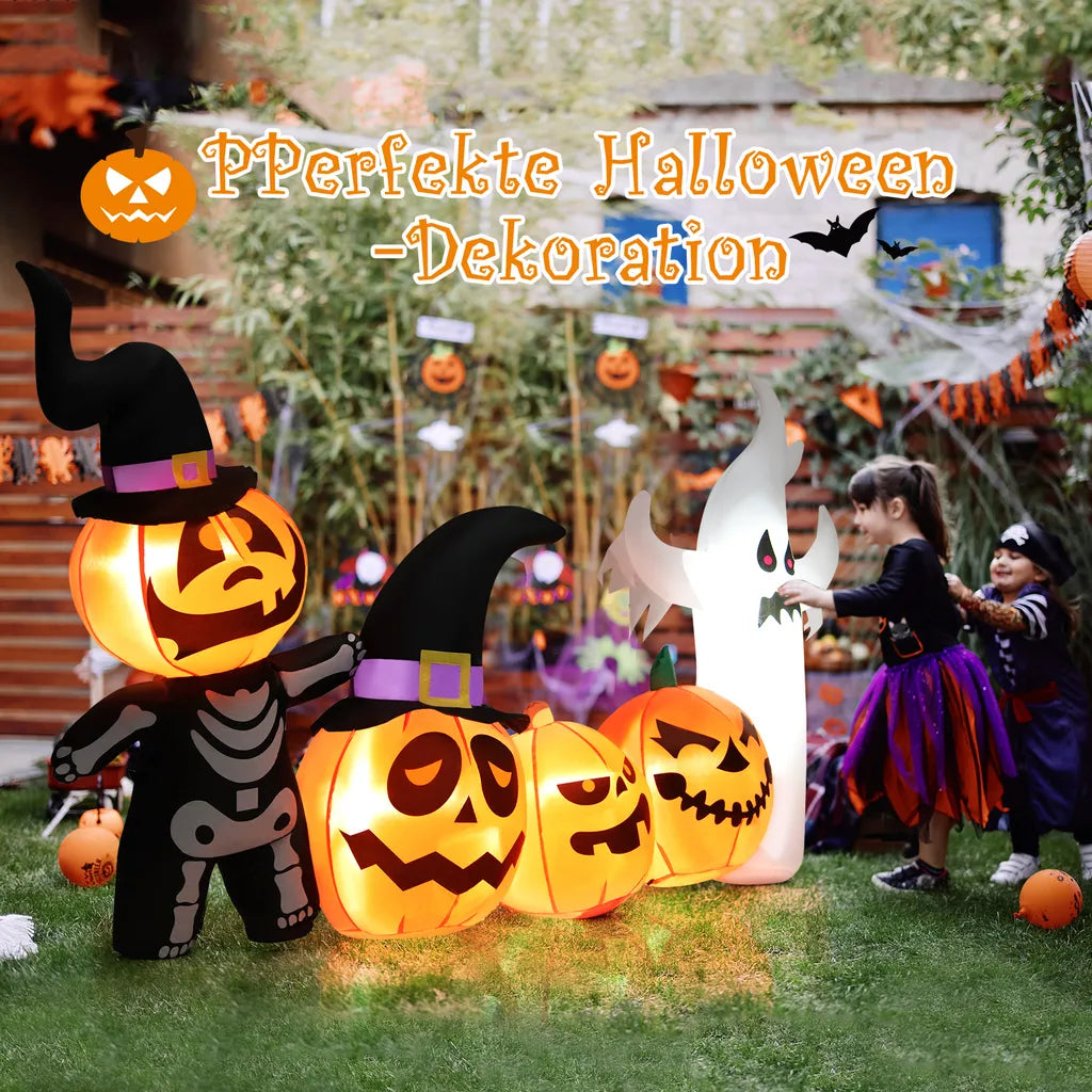  COSTWAY 226cm Aufblasbare Kürbis-Kombination LED Halloween-Dekoration Aufblasbar Mit Geister-, Skelett- & Hexenhüten Für Halloweenparty, Hinterhof & Garten