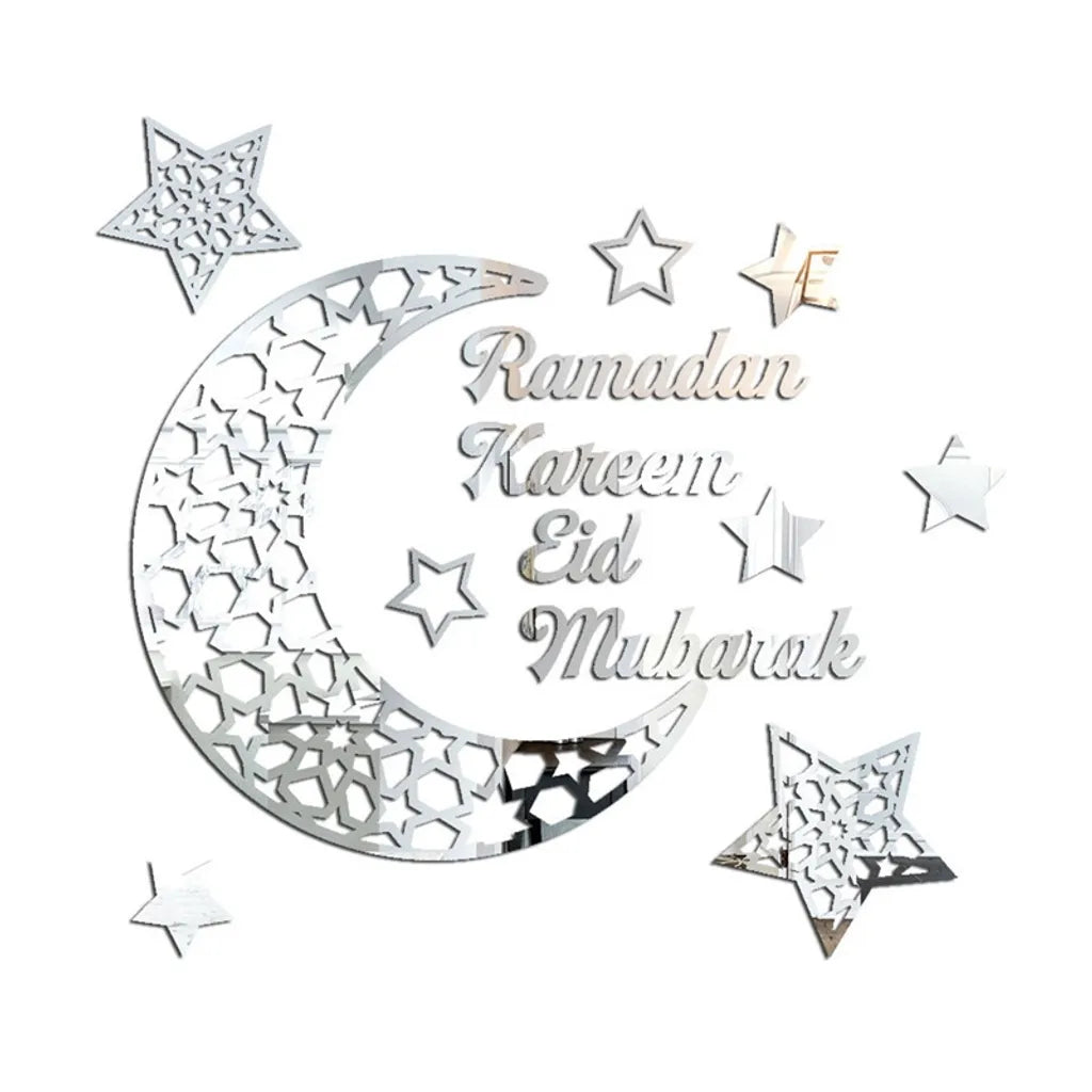  Ramadan Kareem Aufkleber Dekorationen Wand Eid Mubarak Eid Al Adha Mond Und Stern Aufkleber Islamische Spiegeldekoration（Silver）