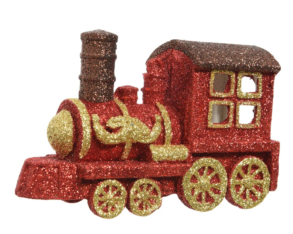  Christbaumschmuck Kunststoff Glitzer Lokomotive 12cm Rot / Gold